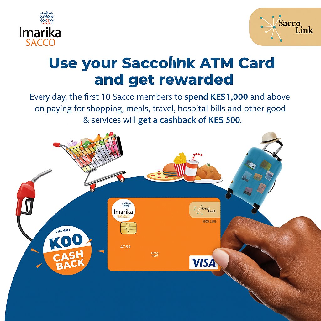 Shop, pay, and win! 
Use your Imarika Saccolink ATM Card, spend KES 1,000 &amp; above, and be among the first 10 members daily to get a cashback of KES 500! 
Promo runs from 27th Aug – 5th Sept 2025. Don’t miss out!
#ImarikaSacco #SaccolinkCard #CashbackRewards.