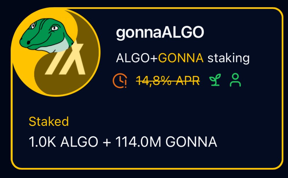 🚀 gonnaALGO Launch on dualSTAKE later today! BE POSITIONED, notify on!💰  

🎯 What is gonnaALGO?
gonnaALGO is a liquid staking token on Algorand, combining $ALGO and $GONNA into one asset. Stake $ALGO, earn rewards in $GONNA, and keep your funds liquid! 💸  

🔧 How It Works
1.