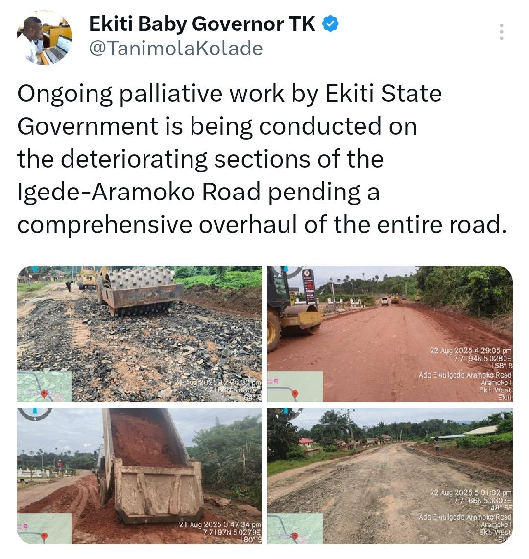 Thecodedkoncept's tweet image. Ekiti State Government commences palliative works on Igede-Aramoko Road following public outcry over the deteriorating condition of the road