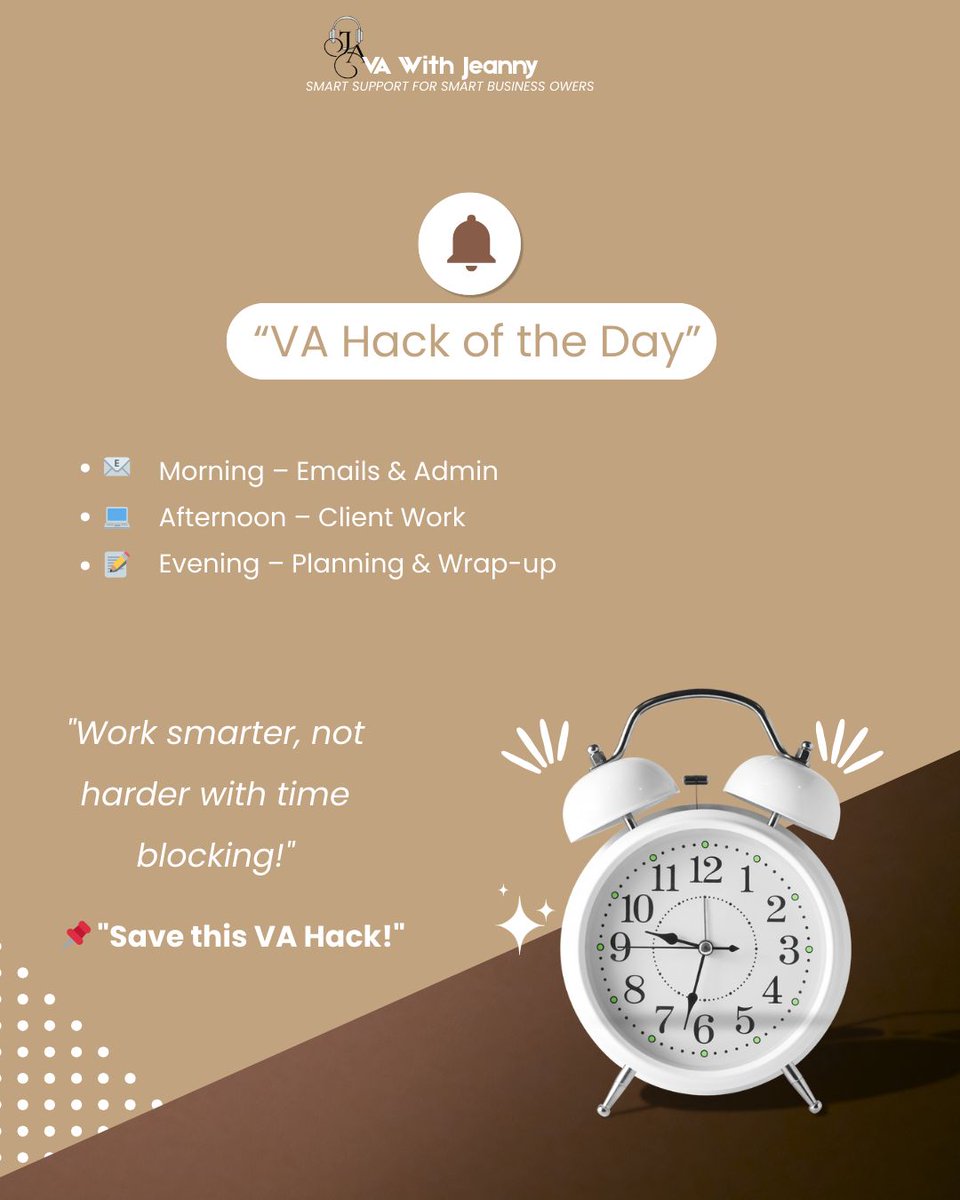 jeanny79012's tweet image. VA Hack of the Day

Time blocking isn’t just for CEOs—it works wonders for Virtual Assistants too! 

👉 Try it today:
📌 Morning – Emails &amp;amp; Admin
📌 Afternoon – Client Work
📌 Evening – Planning &amp;amp; Wrap-up

Small changes = big results! 

#VAHack
 #ProductivityTip 
#vaWITHJEANNY