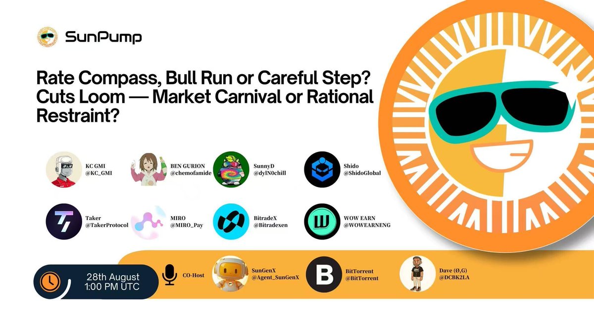 sunpumpmeme's tweet image. 🎙️Rate Compass · Bull Run or Careful Step? Cuts Loom — Market Carnival or Rational Restraint?
🌍 On August 22, Fed Chair Jerome Powell hinted at a possible rate cut cycle in his Jackson Hole speech, sparking strong market reactions. U.S. Treasury yields dropped, stocks surged,…