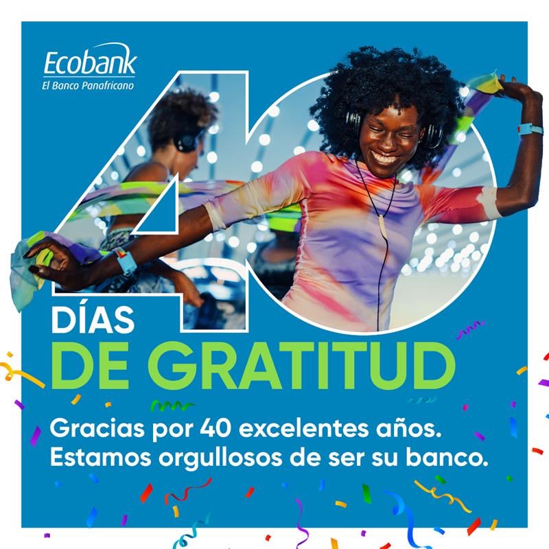 El Grupo Ecobank cumple 40 años.

🎊 ¡40 años de pasión, 40 días de agradecimiento! 🎊

Celebramos esta gran aventura con ustedes, nuestros clientes, socios y empleados 🙌🏾

Gracias por estos 40 años confiando en el Banco Panafricano.

#RoadTo40
#Ecobank40
#UnaMejorManera
#Ecobank