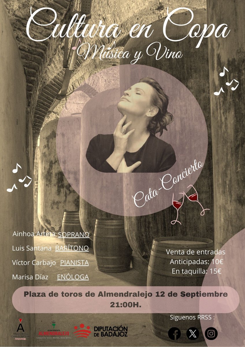 “Cultura en Copa: Música y Vino” 
🗓️Próximo día 12 de septiembre
🕘 21:00h.
📌 Plaza de Toros  Almendralejo.
Venta entradas en el Museo