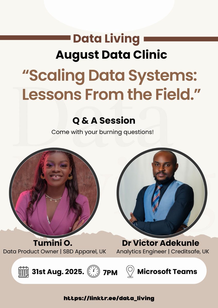 Peter Odesola (@peterodes27) on Twitter photo 🚀 Data Enthusiasts, Assemble!
We’re excited to invite you to an interactive <a href="/dataliving/">Data Living</a> Clinic Q&A session happening on August 31st, 2025 at 7 PM WAT!
This isn’t just another session—it’s your chance to connect with two industry-proven data experts. 🚀 Data Enthusiasts, Assemble!
We’re excited to invite you to an interactive <a href="/dataliving/">Data Living</a> Clinic Q&A session happening on August 31st, 2025 at 7 PM WAT!
This isn’t just another session—it’s your chance to connect with two industry-proven data experts.