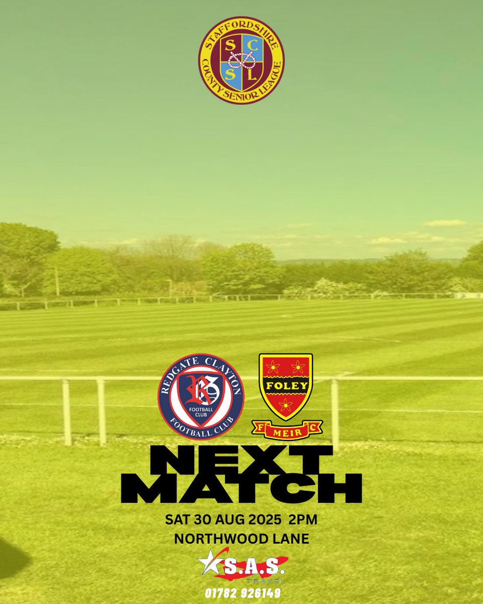 ⚽️ NEXT MATCH – Staffordshire County Senior League

🆚 Redgate Clayton Reserves
📅 Saturday 30th August 2025
🕑 2:00 PM KO
🏟 Northwood Lane

Foley’s SCSL side are back in action this weekend with a short trip to Redgate Clayton.
The lads will be looking to keep the momentum