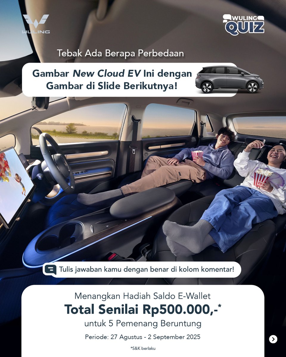 WulingMotorsID's tweet image. Ayo, temukan berapa perbedaan dari kedua gambar berikut! Bagi 5 pemenang beruntung akan mendapatkan hadiah saldo e-wallet total senilai Rp500.000,-*!

Caranya:
1.⁠ ⁠Follow, Like, Repost
2.⁠ ⁠Jawab dengan hashtag #WulingQuiz #NewCloudEV

#WulingMotors