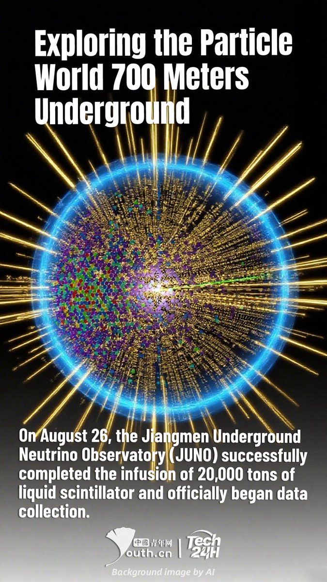 YouthChina's tweet image. On August 26, the Jiangmen Underground Neutrino Observatory (JUNO) successfully completed the infusion of 20,000 tons of liquid scintillator and officially began #datacollection. After more than a decade of preparation and construction, #JUNO has become the world’s first…