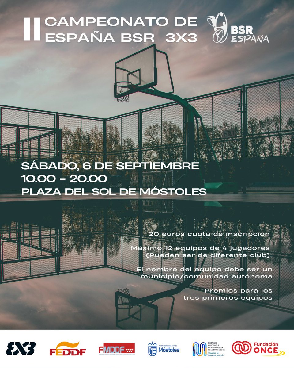 🏀🇪🇸 Llega el II Campeonato de España #BSR 3x3
📅 6 septiembre | 10-20h
📍 Plaza del Sol (<a href="/AytoMostoles/">Ayuntamiento de Móstoles</a> )
🔹 Máx. 12 equipos (4 jugadores)
🔹 Inscripción: 20 €
🔥 ¡No te quedes fuera! 

🔗Noticia completa👉🏻acortar.link/HWJFch