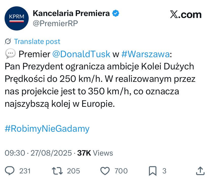 Micha艂 Czarnik (@michalczarnik) on Twitter photo Sprostujmy fake newsy:
W projekcie neoCPK rz膮du <a href="/donaldtusk/">Donald Tusk</a> pr臋dko艣膰 eksploatacyjna to 320 a nie 350 km/h. Nie jest to 偶adna najszybsza kolej w Europie.
Jest to w polskich warunkach mniej korzystne rozwi膮zanie ni偶 250km/h bo oznacza:
1锔忊儯 wy偶sze koszty bilet贸w
2锔忊儯 ograniczenie Sprostujmy fake newsy:
W projekcie neoCPK rz膮du <a href="/donaldtusk/">Donald Tusk</a> pr臋dko艣膰 eksploatacyjna to 320 a nie 350 km/h. Nie jest to 偶adna najszybsza kolej w Europie.
Jest to w polskich warunkach mniej korzystne rozwi膮zanie ni偶 250km/h bo oznacza:
1锔忊儯 wy偶sze koszty bilet贸w
2锔忊儯 ograniczenie