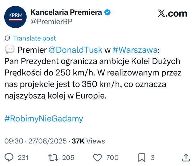 A screenshot of a social media post from X, displaying the KPRM logo and text in Polish. The text mentions Donald Tusk and discusses high-speed rail in Warsaw, with hashtags #Warszawa and #RobimyNieGadamy visible. The post includes engagement metrics like 37K views, 231 replies, 205 retweets, and 700 likes.