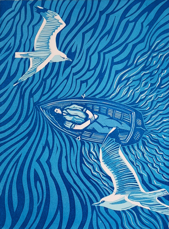 Cast Adrift (in Blue) is a linocut by Kit Boyd ARE and is hanging in our Journeys show which runs until 31 August. #linocut #lino