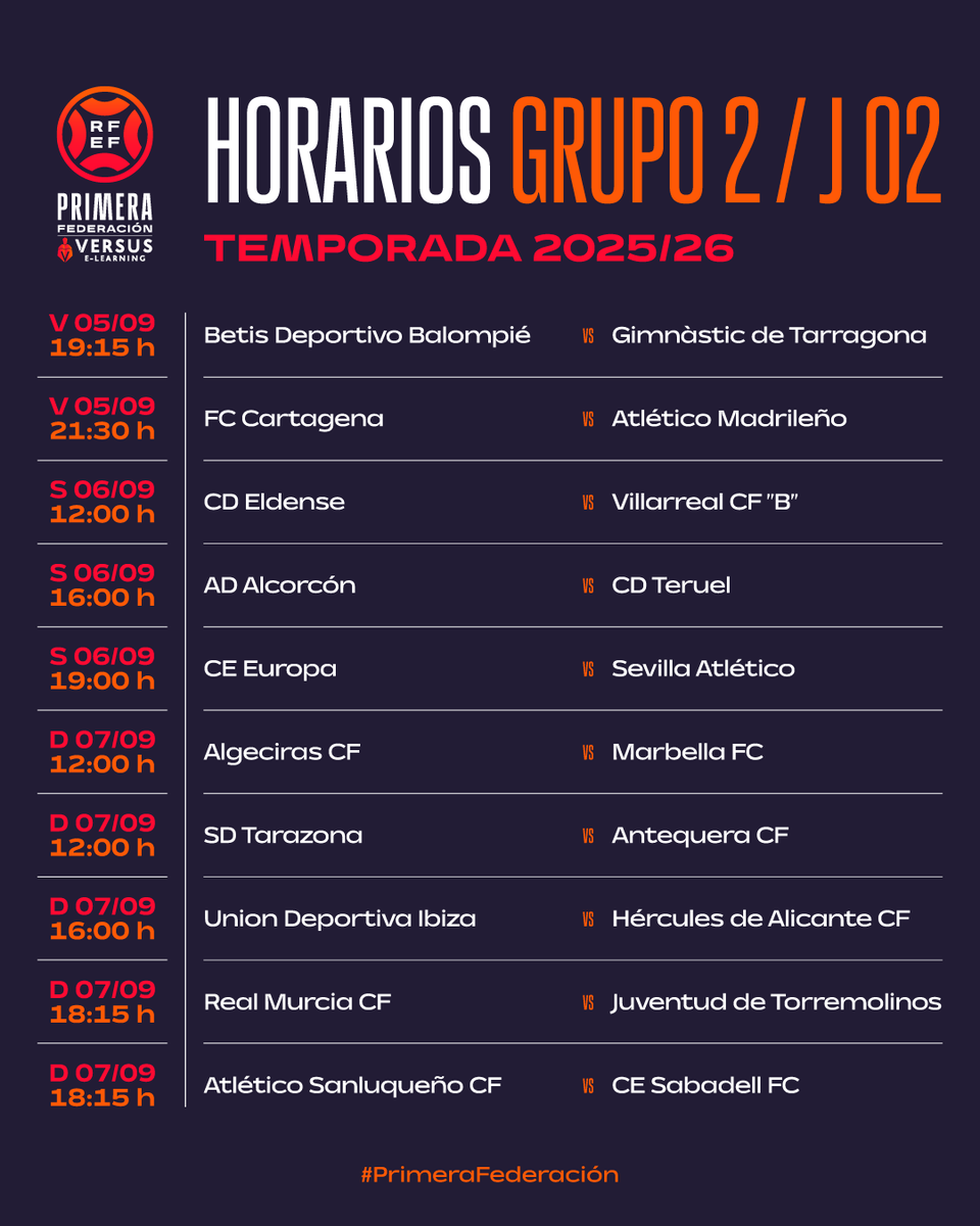 ⏰✅ ¡Establecidos los 𝗛𝗢𝗥𝗔𝗥𝗜𝗢𝗦 de la  𝗷𝗼𝗿𝗻𝗮𝗱𝗮 𝟮!

#PrimeraFederación | #VersusELearning