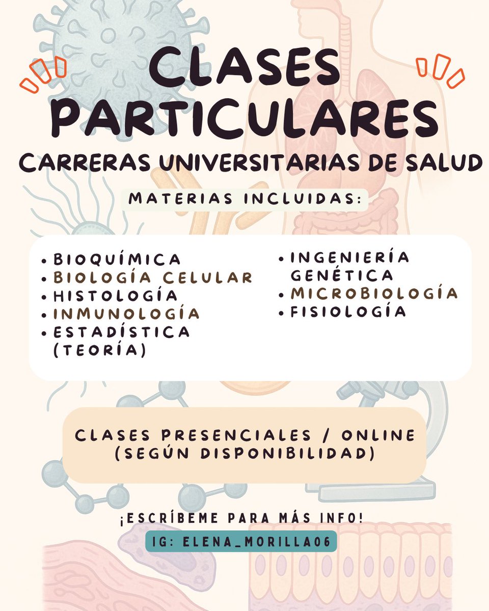 hola! soy graduada en Bioquímica y en el máster de Especialidades Biológicas Hospitalarias. Particulares a partir del 1 oct (o antes). Para selectividad tengo preguntas resueltas, resúmenes y esquemas. No dudes en escribirme! quedan pocas plazas. Agradezco difusión🫶🏻