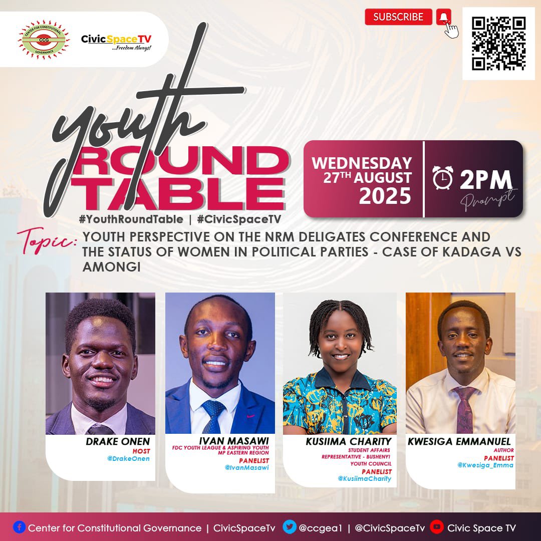 Douglas Drake Onen (@drakeonen) on Twitter photo Join us on the #YouthRoundTable show airing on <a href="/CivicSpaceTV/">CIVIC SPACE TV</a> as <a href="/Kwesiga_Emma/">KWESIGA EMMANUEL 🇺🇬</a>, <a href="/MasawiIvan/">masawi ivan</a> & <a href="/KusiimaCharity/">Kusiima Charity</a> offer a youth lens to the NRM delegates conference & the status of women in politics with a keen focus on the Kadaga-Among Saga
Link: youtu.be/GKuLrM0drp0?si… Join us on the #YouthRoundTable show airing on <a href="/CivicSpaceTV/">CIVIC SPACE TV</a> as <a href="/Kwesiga_Emma/">KWESIGA EMMANUEL 🇺🇬</a>, <a href="/MasawiIvan/">masawi ivan</a> & <a href="/KusiimaCharity/">Kusiima Charity</a> offer a youth lens to the NRM delegates conference & the status of women in politics with a keen focus on the Kadaga-Among Saga
Link: youtu.be/GKuLrM0drp0?si…