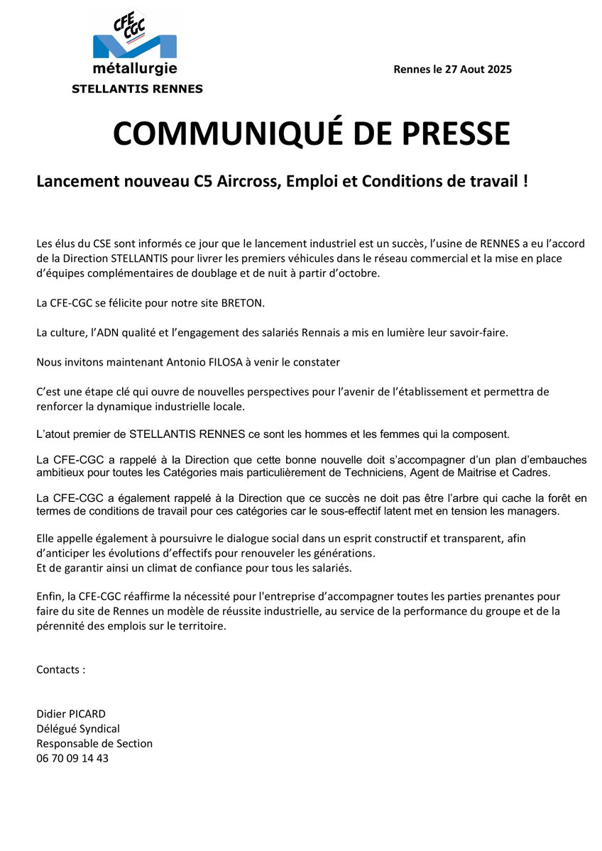 Métal.Bret. CFE-CGC (@smb_cfecgc) on Twitter photo Lancement nouveau C5 aircross : Une réussite à l'actif des salariés rennais et besoin d'un plan d'embauches ambitieux pour les TAM et cadres du site <a href="/Stellantis/">Stellantis</a> La Janais.
<a href="/Metalcfecgc/">Métallurgie CFE-CGC</a> Lancement nouveau C5 aircross : Une réussite à l'actif des salariés rennais et besoin d'un plan d'embauches ambitieux pour les TAM et cadres du site <a href="/Stellantis/">Stellantis</a> La Janais.
<a href="/Metalcfecgc/">Métallurgie CFE-CGC</a>