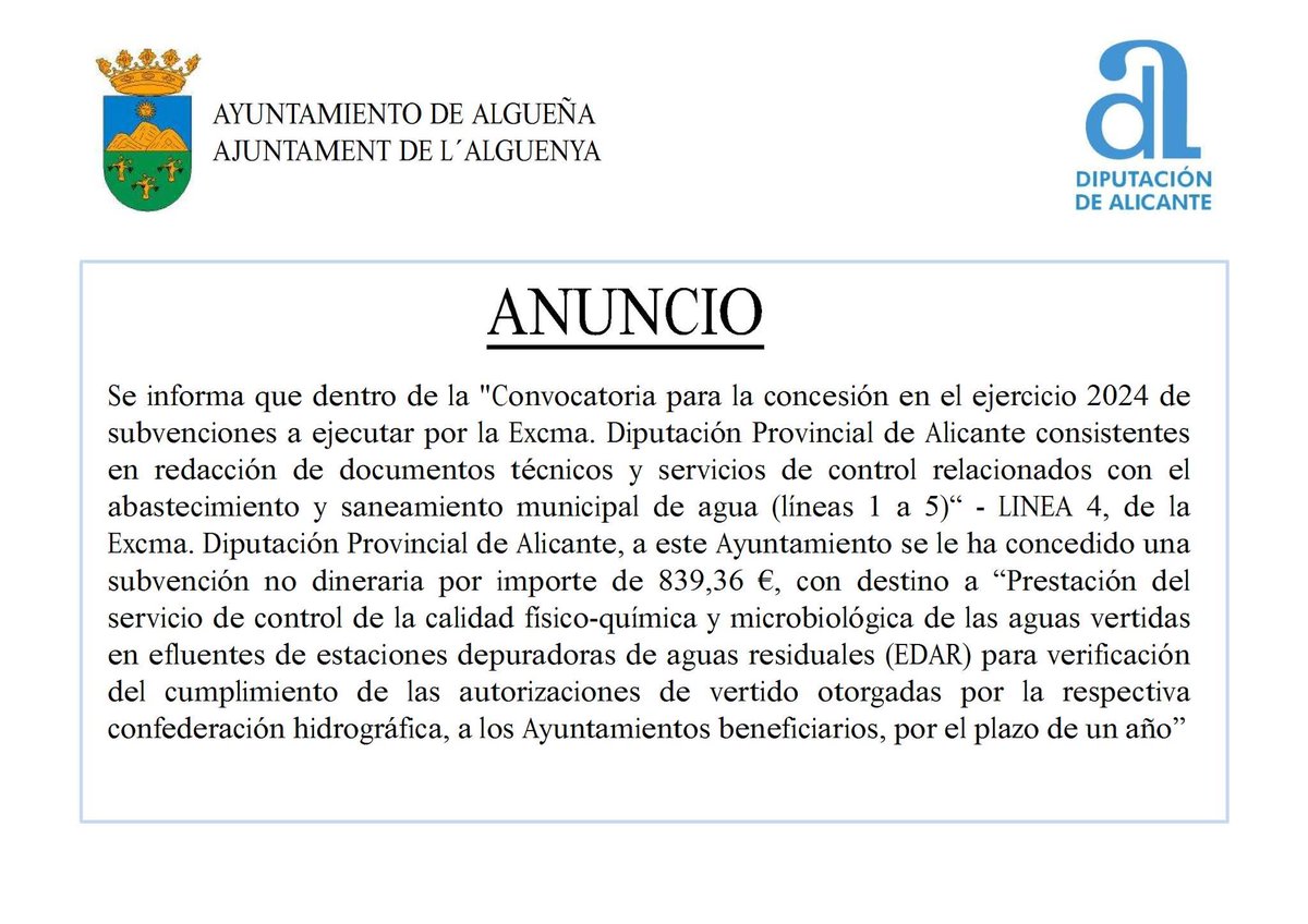 aytoalguenya's tweet image. 📢 ANUNCIO - #Subvención dentro de la convocatoria de 2024 de la @dipuAlicante (LÍNEA 4), para la redacción de documentos técnicos y servicios de control relacionados con el abastecimiento y saneamiento municipal de agua.

@aytoalguenya #Algueña #lAlguenya
