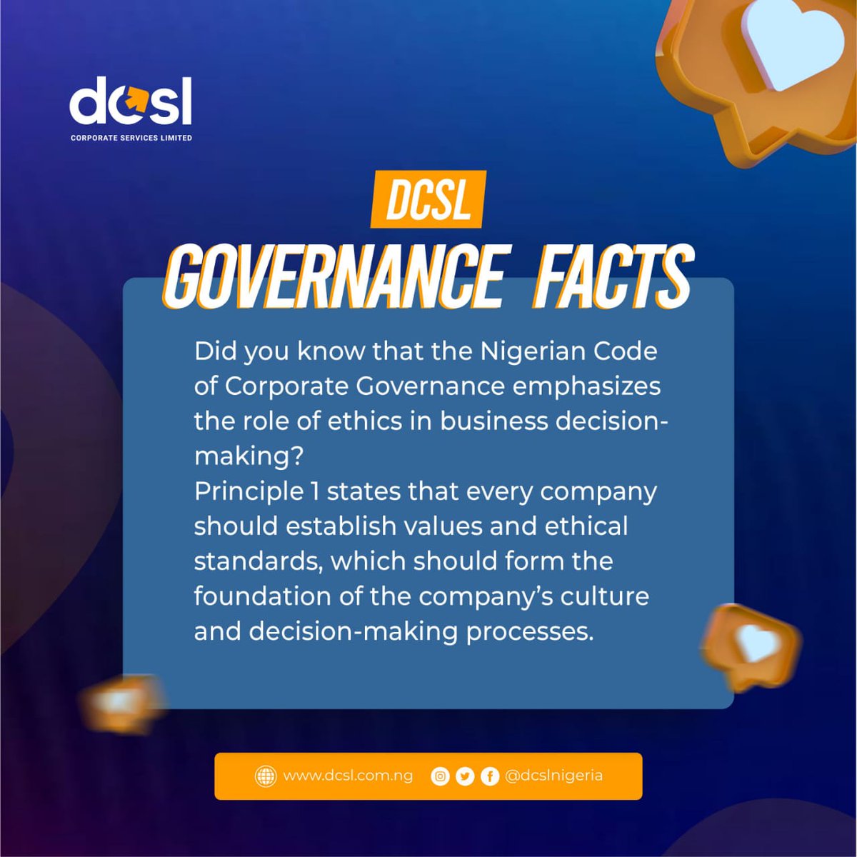 DCSLNigeria's tweet photo. Did you know a key principle of the Nigerian Code of Corporate Governance is that a companyโs culture should be built on strong values and ethical standards?
This is crucial for guiding all business decisions.
#DCSL #ThePreferred #Corporategovernance #NCCG
#Business https://t.co/FtimxwGxul