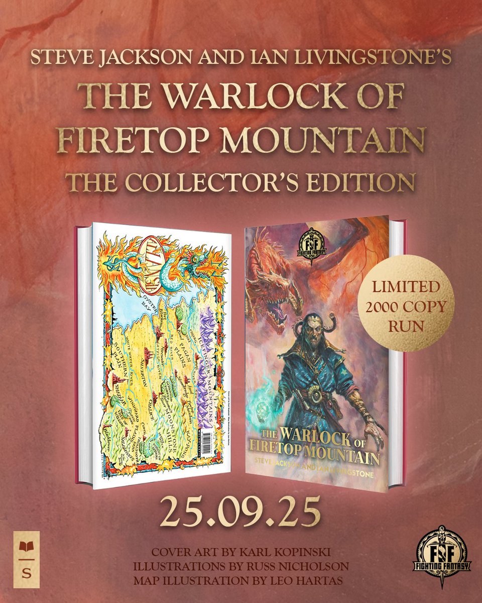 It's The Warlock of Firetop Mountain 43rd birthday and I'm delighted to tell you that a collectors hardback will be published on 25/9. Amazing new cover by Karl Kopinski, iconic illustrations by Russ Nicholson and 1989 map of Allansia by Leo Hartas <a href="/scholasticuk/">Scholastic UK</a> <a href="/fightingfantasy/">Fighting Fantasy Adventure Gamebooks</a>
