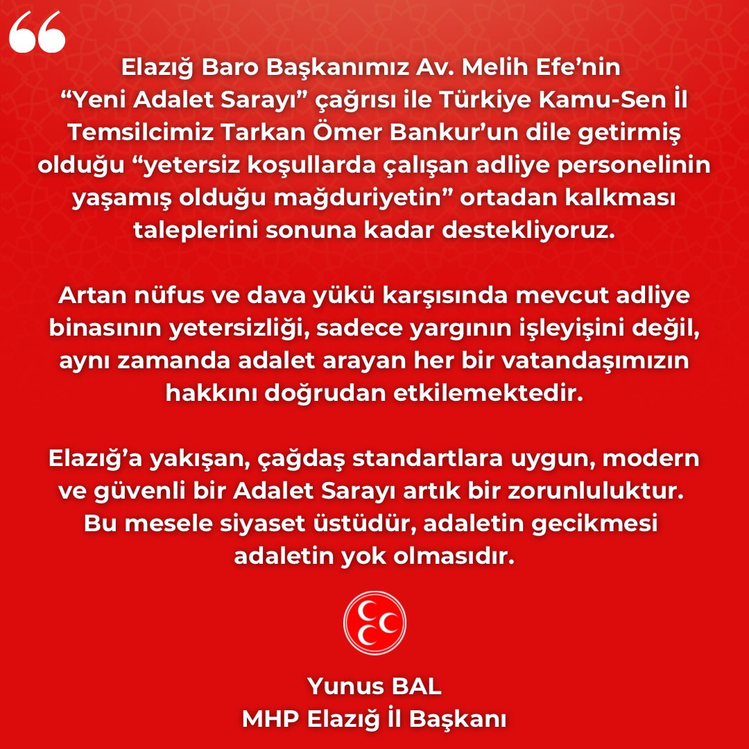 Elazığ Baro Başkanımız Av. Melih Efe’nin
“Yeni Adalet Sarayı” çağrısı ile Türkiye Kamu-Sen İl Temsilcimiz Tarkan Ömer Bankur’un dile getirmiş olduğu “yetersiz koşullarda çalışan adliye personelinin yaşamış olduğu mağduriyetin” ortadan kalkması taleplerini sonuna kadar