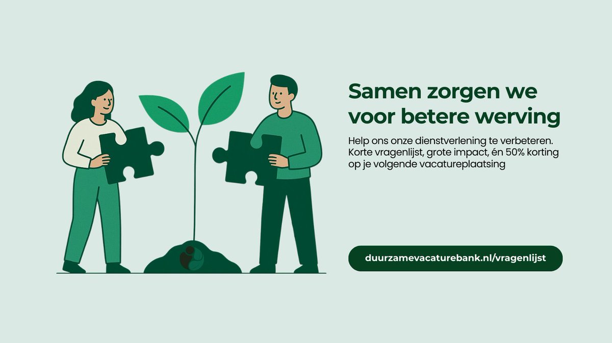 Wij streven naar maximale positieve impact, ook in de werving. Daarom horen we graag wat voor jou belangrijk is bij het plaatsen van vacatures.

Vul in 3 minuten onze vragenlijst in en ontvang 50% korting op je volgende vacatureplaatsing.

👉 duurzamevacaturebank.nl/vragenlijst