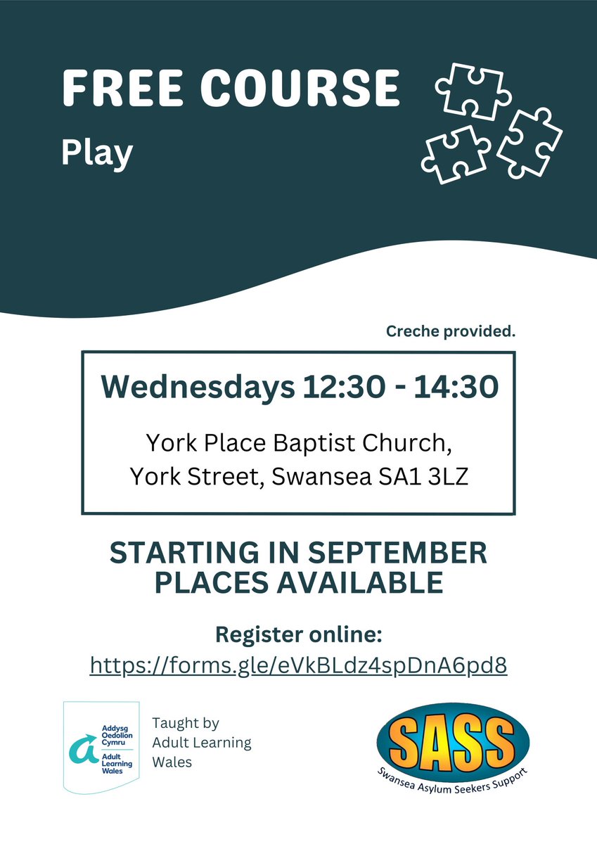 We still have places available for our free course with <a href="/alwcymru/">Addysg Oedolion Cymru | Adult Learning Wales</a> focusing on Play, starting on Wednesday 10th September!

More information on our website: sass.wales/courses

>>> Register here: forms.gle/eVkBLdz4spDnA6…