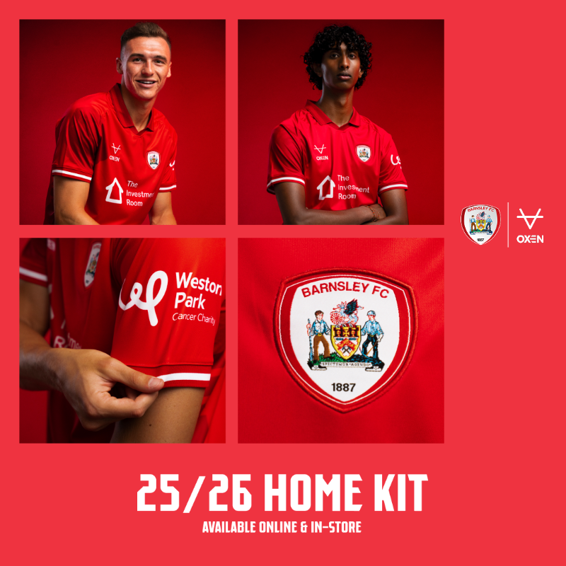 BarnsleyFC's tweet photo. Head to the Reds Superstore today! 🛒

We have a restock of our 2025/26 @oxensportsuk home &amp; away kits 🤩