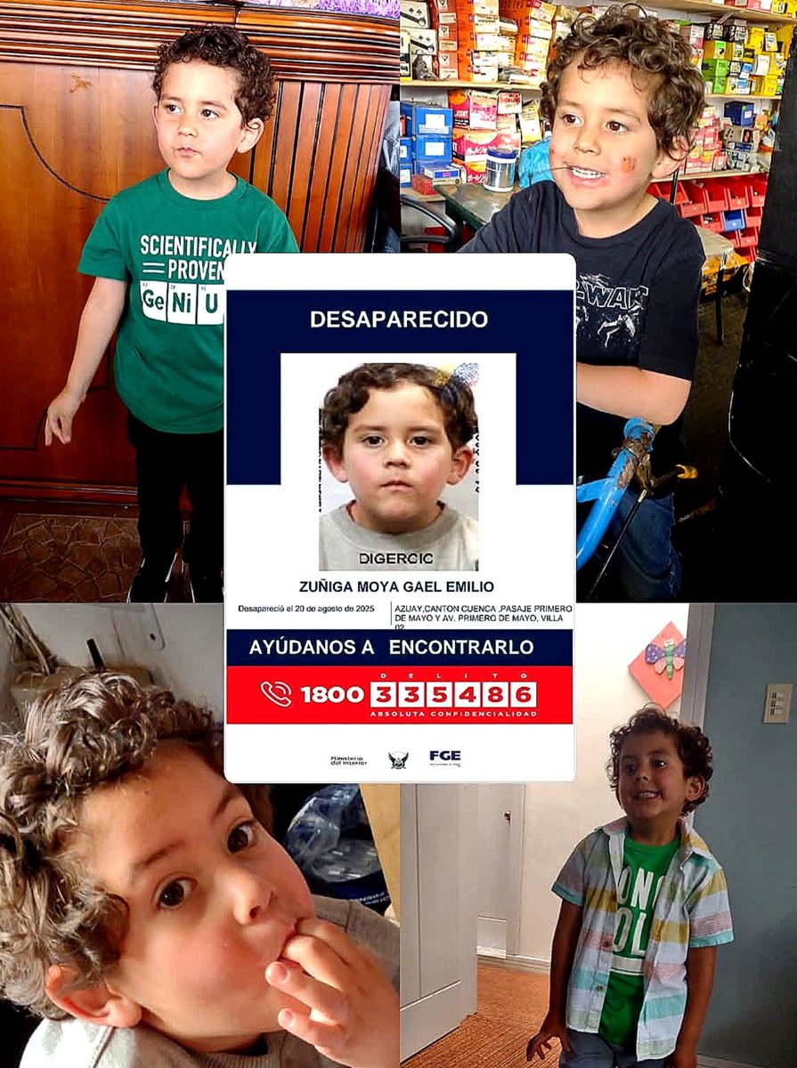 PRENSAVirtual_'s tweet image. #Cuenca|| ¡Máxima difusión!

Se reporta la desaparición de Gael Emilio Zúñiga Moya, desde el 20 de agosto.

📞 Si tienes información que ayude a ubicarle, comunícate a la línea de emergencia 911 o con las entidades de seguridad más cercanas