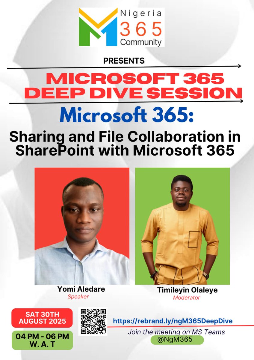 NgM365's tweet photo. @ChrisExcel102 📢 Nigeria Microsoft 365 Community – August Bi-Weekly Meetup.

We will be exploring:

🎯 File Sharing and Collaboration in SharePoint Online with Microsoft 365
Speaker: Yomi Aledare  

Platform:Microsoft Teams  
Join via: https://t.co/F8OPNcwNps
#SharePoint https://t.co/6QXQkPRUDu
