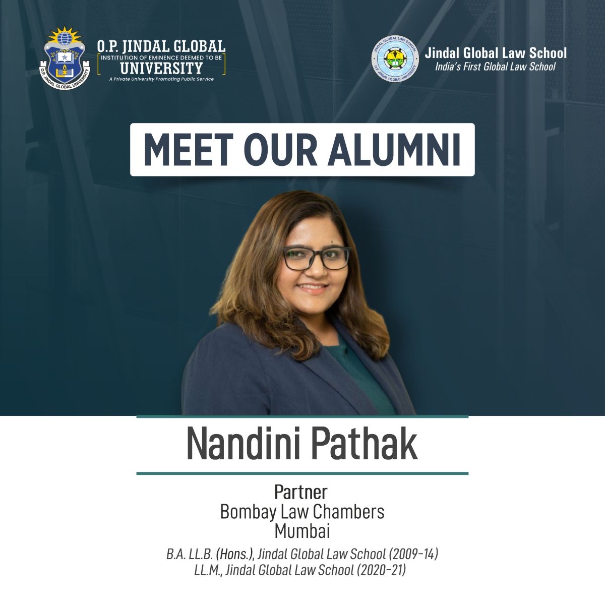 #MeetOurAlumni: Nandini Pathak

Nandini is the partner and head of the Investment Funds and Asset Management Practice at Bombay Law Chambers. She primarily assists GPs, LPs, and intermediaries operating in the fund formation and investment space and securities market.