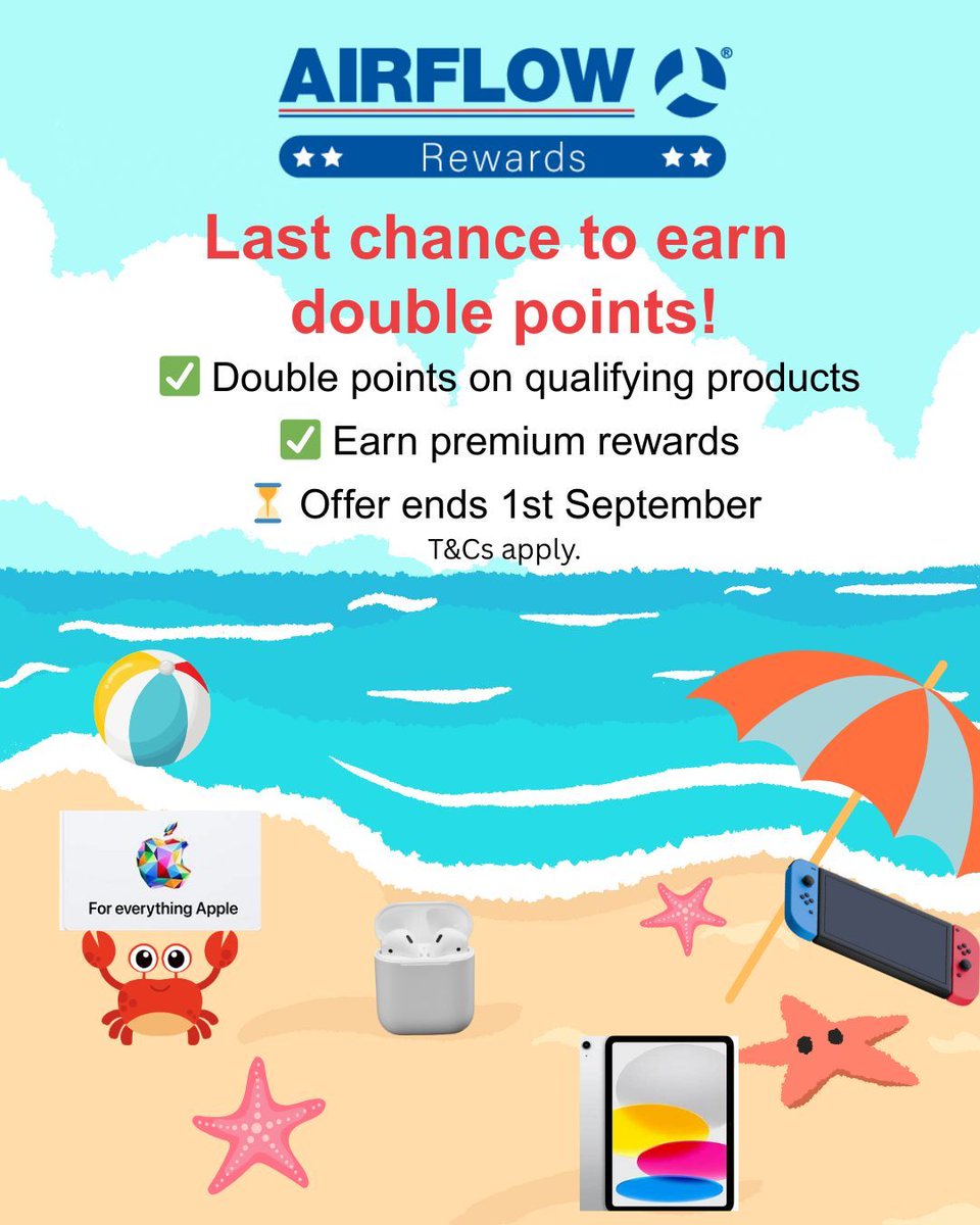 🚨 Don’t miss the Summer Double Points Promotion! 🚨

You have until the 1st September to earn double points on every qualifying Airflow purchase on Airflow Rewards.

Just upload your receipts and watch the perks roll in. 🎁🕶️

📲 Sign up for FREE today! &gt; buff.ly/wbI1xiR