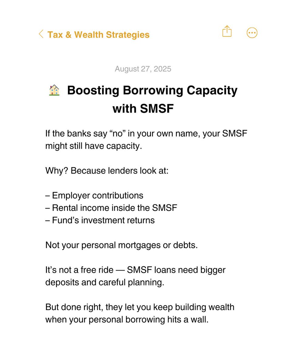 realAndyRomano's tweet image. Your personal borrowing has limits.

Your SMSF? Different rules.

Banks assess the fund — contributions, rent, investment returns.
That can unlock borrowing power even if your own name is maxed out.

It’s not unlimited, but it’s another lever to grow wealth.

#SMSFStrategy