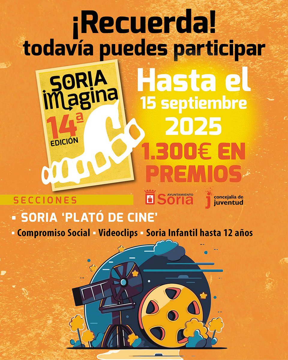 Con Soria “Plató de Cine”,  #SoriaImagina , fomentamos  el patrimonio paisajístico, cultural, etnográfico y tradicional de Soria .

Ánimo artistas 📽️😍 ¡¡¡

 ℹ️bit.ly/4mx9yAK

<a href="/Ayto_Soria/">Ayuntamiento de Soria</a>  <a href="/cjuventudsoria/">Concejalía Juventud</a>
#eligecine #eligecorto #eligesoria #compromisosocial #soiff