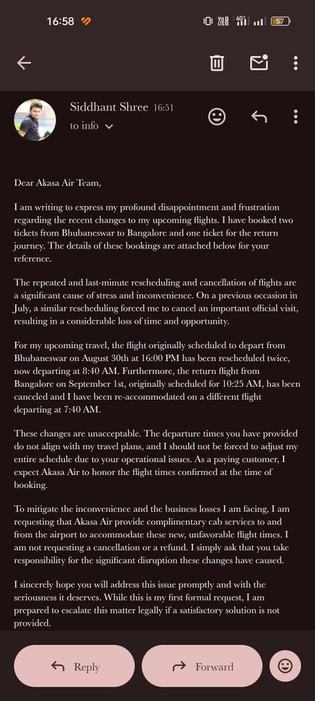 90Shree's tweet photo. Disappointed with @AkasaAir 's frequent reschedule and cancellations. I have Booked flights for BBI and BLR, but you've been rescheduling flights causing inconvenience and loss. Our time is valuable. I've dropped an email to your customer support.Please look into it on priority https://t.co/pA64ZdnE3y