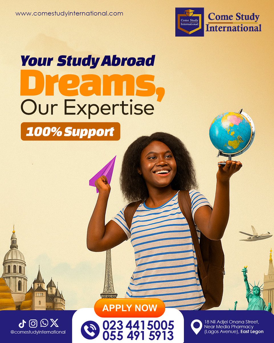 Comestudyint's tweet image. Your study abroad dreams are within reach! 🌍✈️ Come Study International offers 100% support and expertise to help you achieve them. Apply now and start your global journey! #StudyAbroad #InternationalStudents #ComeStudyInternational