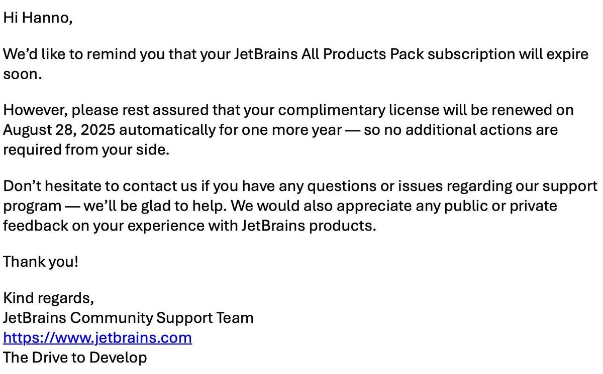 hannotify's tweet image. Thanks to @jetbrains for renewing my JetBrains All Products subscription for another year. 🙏 I love how supportive you folks are of the Java Champions program! 😊