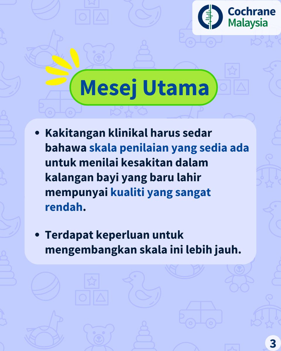 ❗️Bukti lemah di sebalik cara mengukur sakit dalam kalangan bayi.
📜Ulasan “Skala untuk menilai kesakitan dalam kalangan bayi yang baru lahir” menyertakan 79 kajian dengan 7197 bayi.
📌dub.sh/YPvTy3u
#CochraneMalaysia  #CochraneReview  #systematicreview
