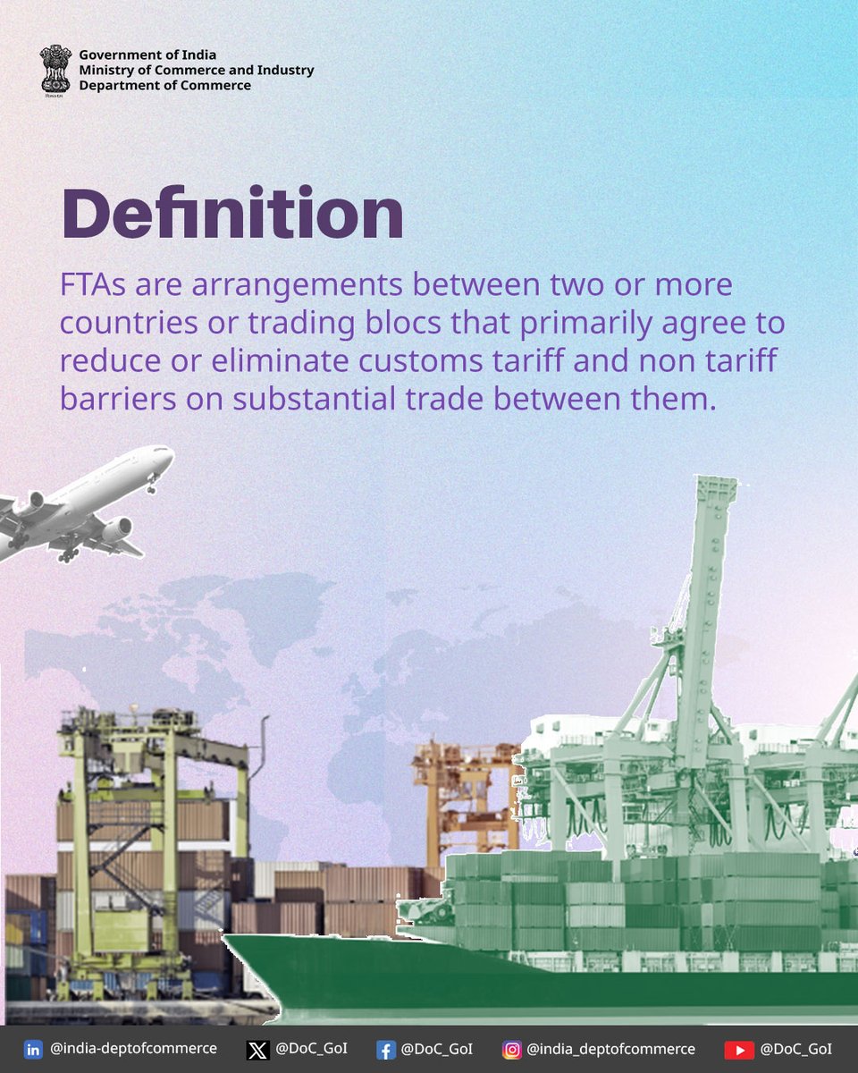 DoC_GoI's tweet image. Ever wondered how countries make trade easier with each other?
What exactly are Free Trade Agreements (FTAs) and what do they cover?

👉 Swipe through to understand their definition, scope, and impact on goods, services, and more.

#DoC_GoI
