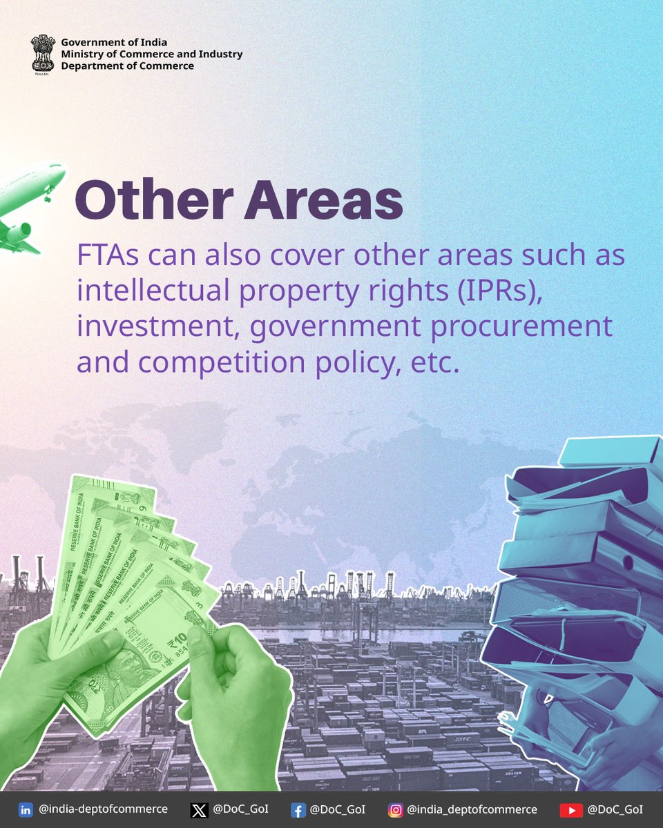 DoC_GoI's tweet image. Ever wondered how countries make trade easier with each other?
What exactly are Free Trade Agreements (FTAs) and what do they cover?

👉 Swipe through to understand their definition, scope, and impact on goods, services, and more.

#DoC_GoI