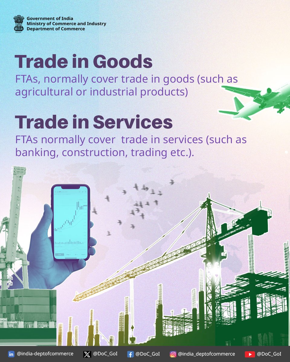 DoC_GoI's tweet image. Ever wondered how countries make trade easier with each other?
What exactly are Free Trade Agreements (FTAs) and what do they cover?

👉 Swipe through to understand their definition, scope, and impact on goods, services, and more.

#DoC_GoI