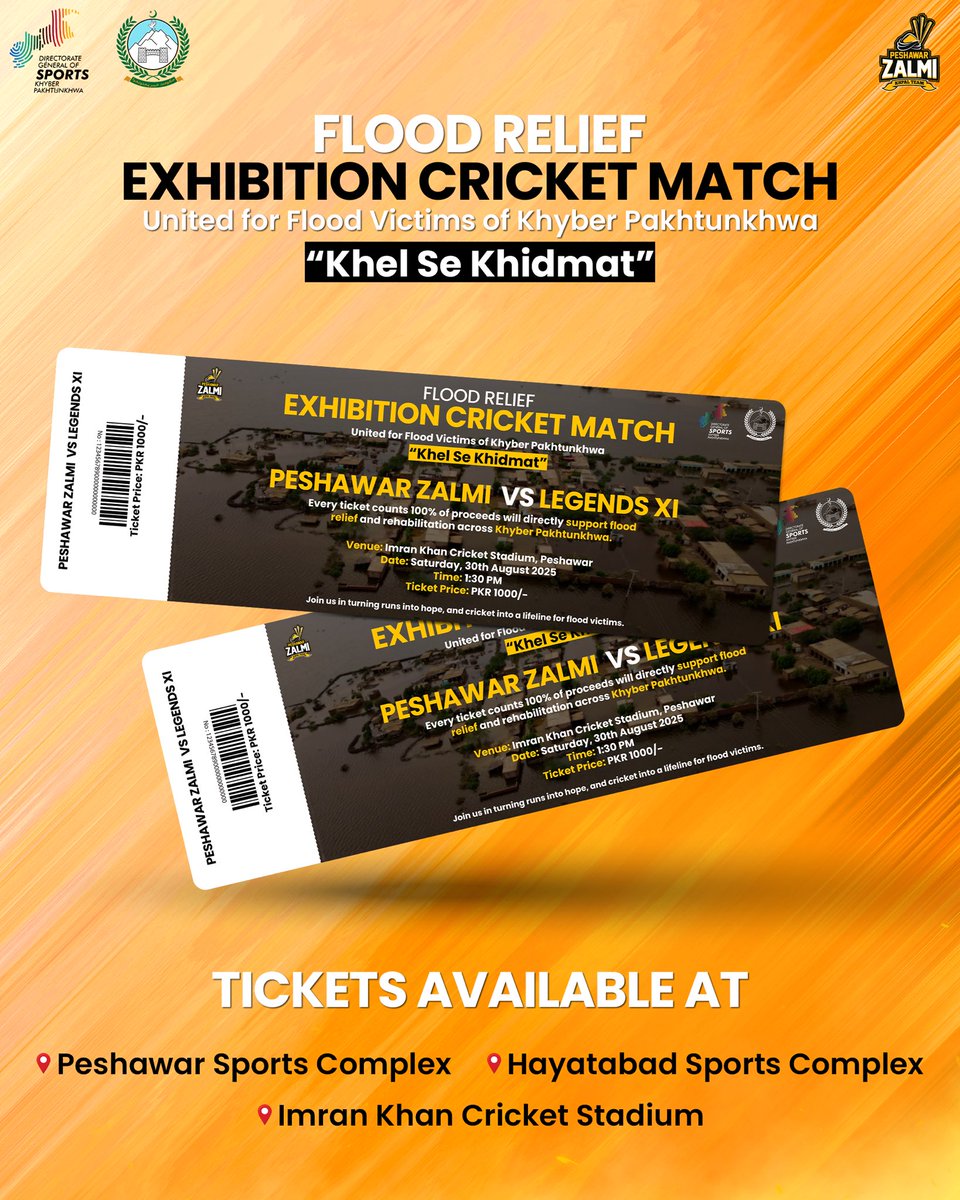 Peshawar Zalmi (@peshawarzalmi) on Twitter photo ๐จ Tickets Alert ๐๏ธ
Flood Relief Exhibition Match
Peshawar Zalmi vs Legends XI
๐๐ก๐๐ฅ ๐๐ ๐๐ก๐ข๐๐ฆ๐๐ญ
๐
Saturday, 30th August 2025
๐ Imran Khan Cricket Stadium, Peshawar
๐๏ธ Tickets available at:
โข ๐๐๐ฌ๐ก๐๐ฐ๐๐ซ ๐๐ฉ๐จ๐ซ๐ญ๐ฌ ๐๐จ๐ฆ๐ฉ๐ฅ๐๐ฑ
โข ๐๐๐ฒ๐๐ญ๐๐๐๐ ๐จ Tickets Alert ๐๏ธ
Flood Relief Exhibition Match
Peshawar Zalmi vs Legends XI
๐๐ก๐๐ฅ ๐๐ ๐๐ก๐ข๐๐ฆ๐๐ญ
๐
Saturday, 30th August 2025
๐ Imran Khan Cricket Stadium, Peshawar
๐๏ธ Tickets available at:
โข ๐๐๐ฌ๐ก๐๐ฐ๐๐ซ ๐๐ฉ๐จ๐ซ๐ญ๐ฌ ๐๐จ๐ฆ๐ฉ๐ฅ๐๐ฑ
โข ๐๐๐ฒ๐๐ญ๐๐๐๐