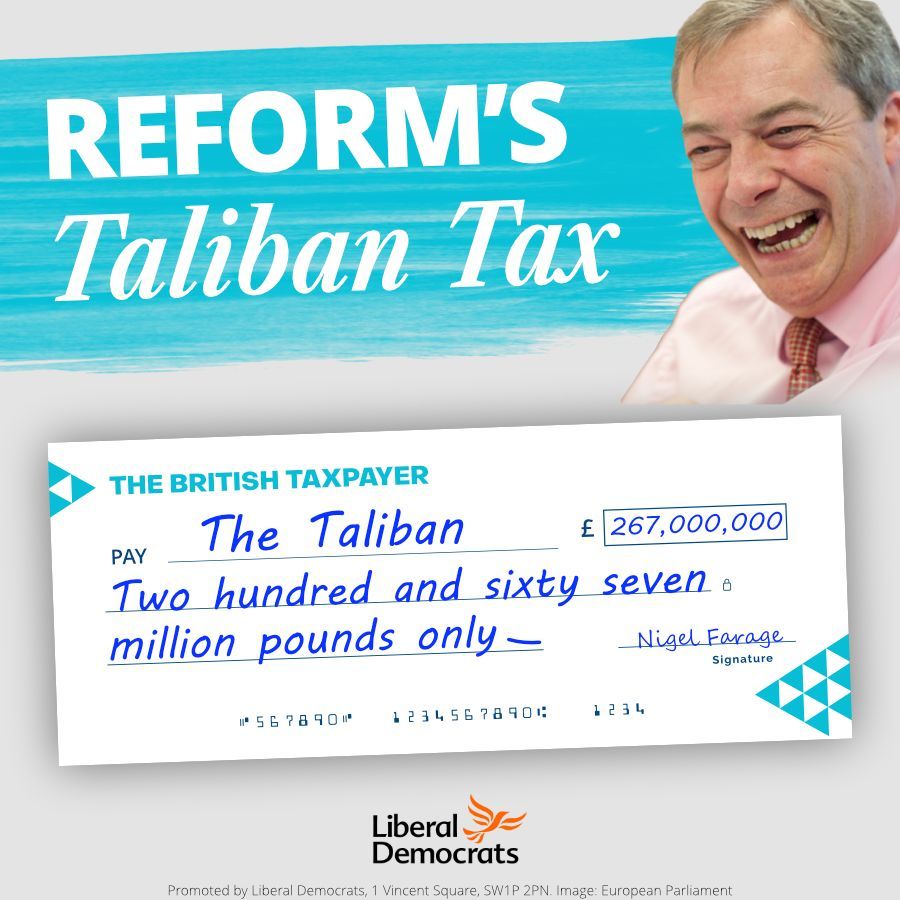 Nigel Farage and the Reform Party’s Taliban Tax means sending hundreds of millions of taxpayers' money to an oppressive regime that British soldiers fought and died to defeat.