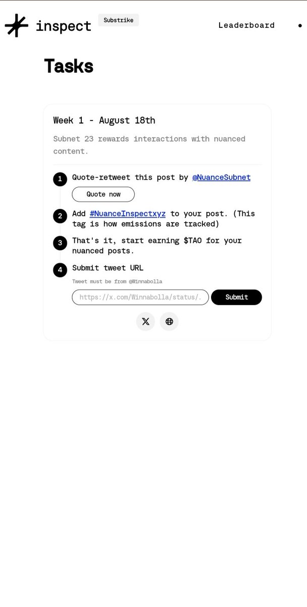I just hopped in on $TAO
<a href="/NuanceSubnet/">Nuance</a> activate todays MINER👇🏻

Reply to this post with $TAO + tag <a href="/inspectxyz/">Inspect</a>

👉 Its $TAO's Season
👉 Every accounts can participate 
👉 No referral 

IF you haven't started, start here 👇🏻

• Go to inspect.xyz/substrike
• Connect your X