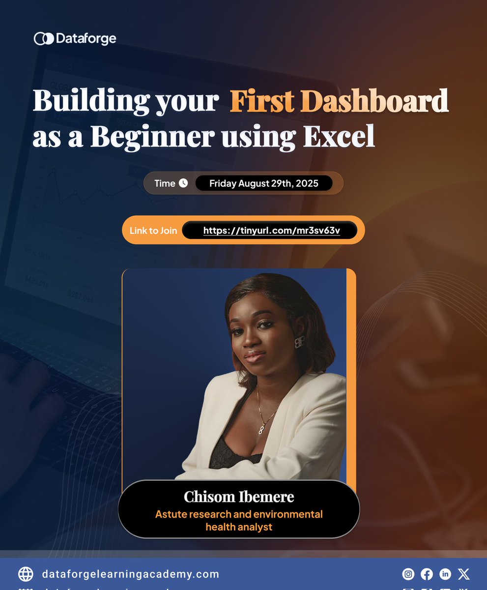 DataForge_LA's tweet image. Building Your First Dashboard as a Beginner Using Excel
 Date: Friday, August 29th, 2025
 Facilitator: Chisom Ibemere – Astute Research &amp;amp; Environmental Health Analyst
 Join here: tinyurl.com/mr3sv63v

#Dataforge #Excel #Dashboard #LearningNeverStops #TechSkills