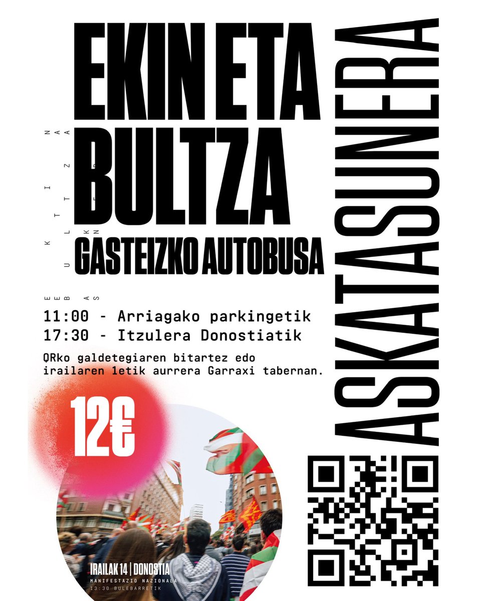 Irailaren 14an hitzordu garrantzitsua daukagu Donostian. Bertan, Txiki eta Otaegi gudariak omendu eta haien memoria aldarrikatuko dugu.

Horretarako, Gasteizko gazteok, autobusa antolatu dugu bertara joateko.  

EKIN ETA BULTZA ASKATASUNERA! ✊🏽