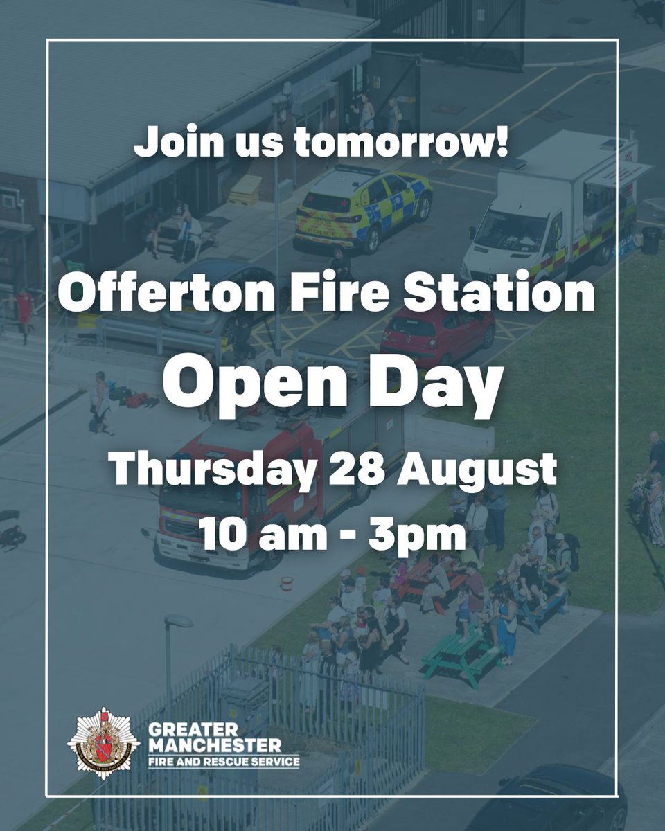 Join us tomorrow for an exciting open day at Offerton Fire Station! 🚒🎉

There'll be lots of activities fit for all ages. Whether you're curious about our work or just looking for a fun day out, there's something for everyone.

We’re looking forward to welcoming you! 🙌
