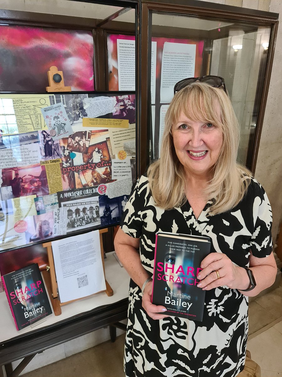 At the Punk Rock exhibition at <a href="/MancLibraries/">Manchester Libraries</a> Central yesterday, and so pleased to see my 80s crime novel #SharpScratch. It's on display under the collage on my girl bands Property Of...and Electra Complex. Exhibition running at the Central Library till the year end.