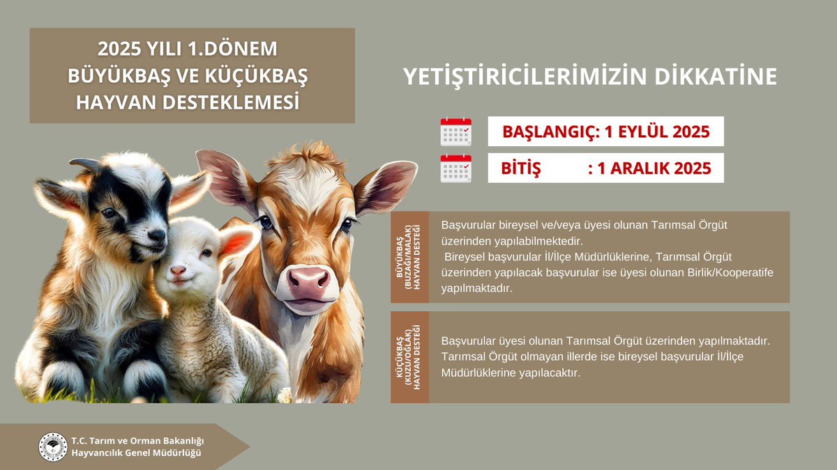 📢 YETİŞTİRİCİLERİMİZİN DİKKATİNE

2025 YILI 1.DÖNEM BÜYÜKBAŞ VE KÜÇÜKBAŞ HAYVAN DESTEKLEMESİ

🗓️ BAŞLANGIÇ: 1 EYLÜL 2025
🗓️ BİTİŞ              : 1 ARALIK 2025

<a href="/TCTarim/">T.C. Tarım ve Orman Bakanlığı</a>