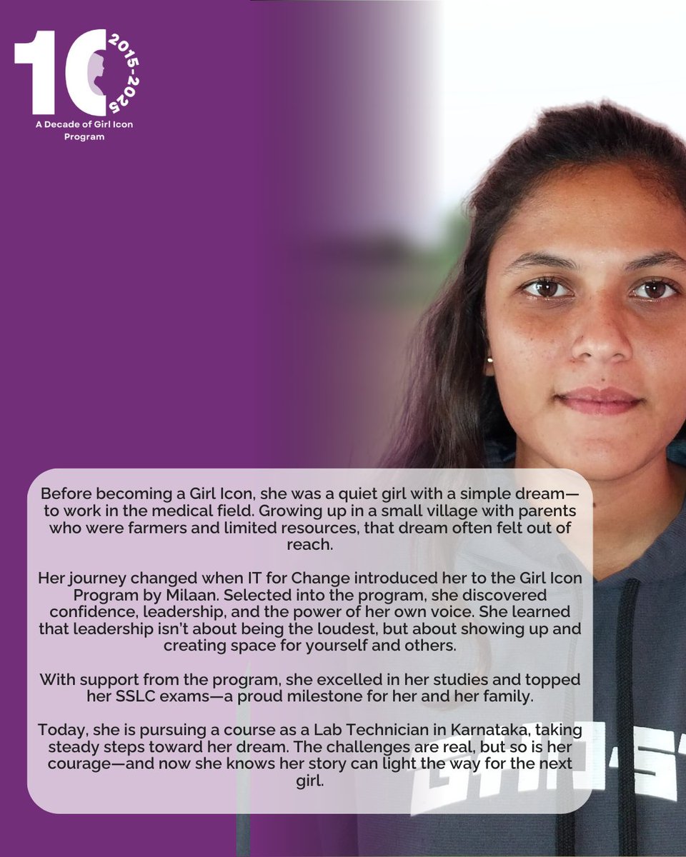 From a small village in Karnataka to pursuing her dream in the medical field, her journey shows what happens when girls are given the chance to lead. 

The #GirlIcon Program helped her find her voice, excel in studies &amp; believe she is capable. 

#GirlsLeadChange #Milaan
