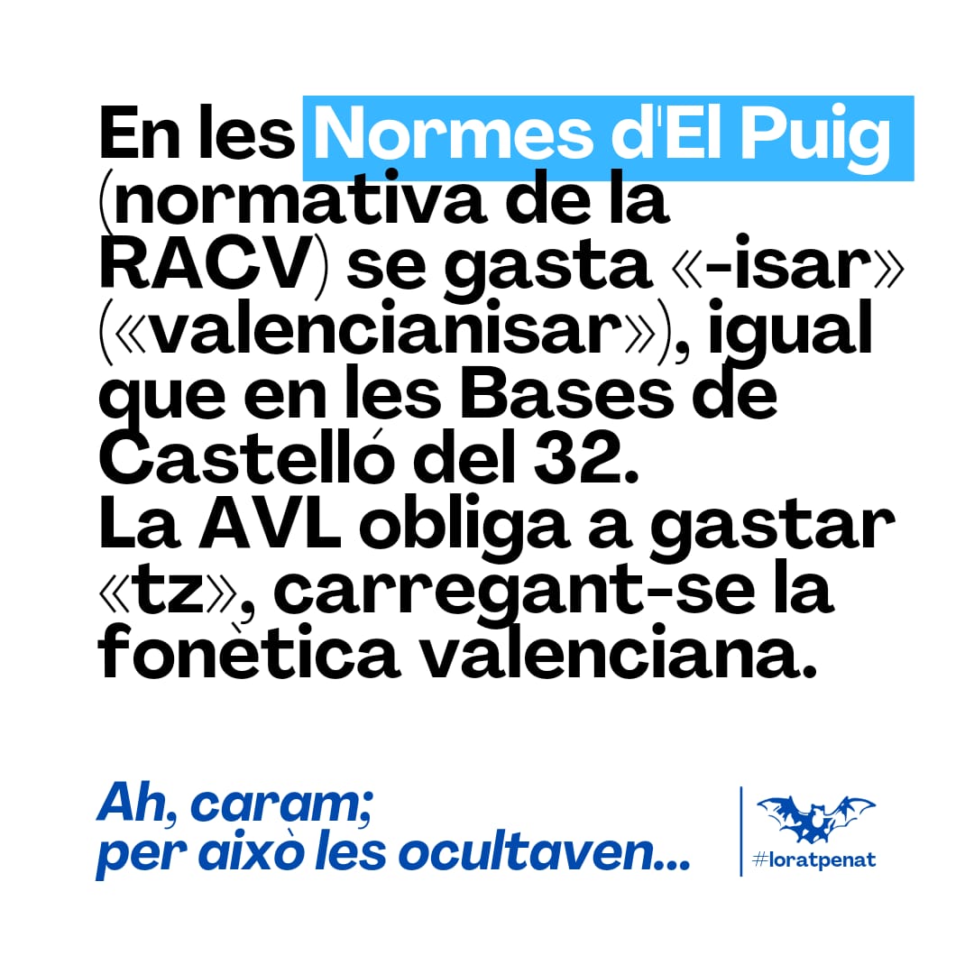 ✒️Hui vos mostrem dos característiques de les Normes d'El Puig que també sorprenen a molts.

✅Les dos tenen una bona raó de ser, encara que ad alguns els coga...
Gastar les normes de la RACV és la millor forma de preservar la fonètica valenciana.

🗣️¡Escampeu la veu!