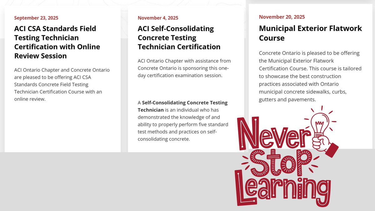 ConcreteOntario's tweet image. #NeverStopLearning

Don't miss this fall's important learning opportunities ~ an investment in greater concrete construction success!

🔗 rmcao.org/courses/